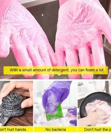 A pair of bright blue silicone dishwashing gloves displayed on a white background.