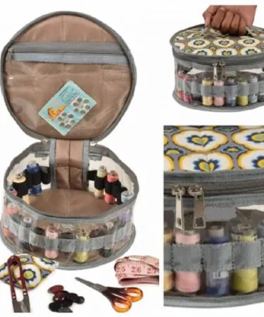 Stylish Sewing Organizer Bag with multiple compartments and elastic thread reel holders.