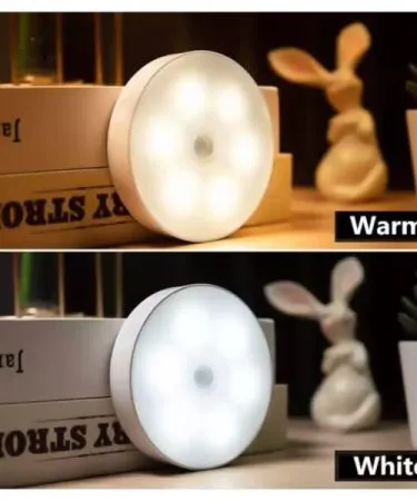 Wireless Rechargeable Motion Sensor Night Light illuminating a dark hallway.