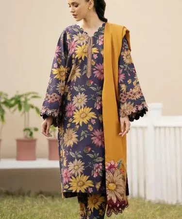 Three-piece vibrant lawn summer suit for women, featuring floral and geometric prints.