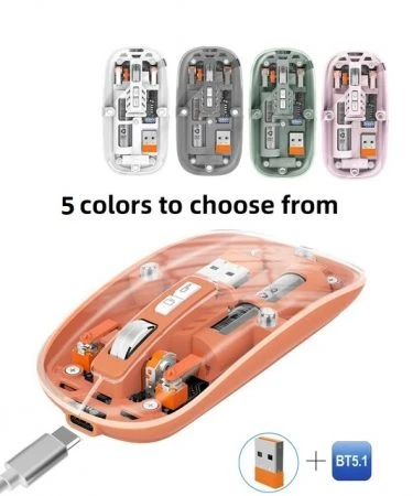 Dual-Crystal 2400DPI Transparent Silent Rechargeable Wireless Mouse