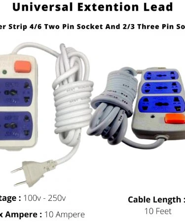 Extension board with 3 simple sockets and 2 universal sockets. 5 sockets in total. 3 meters long copper wire