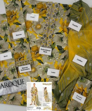 Yellow Baroque 3-Piece Unstitched Lawn Embroidered Summer Women's Suit with Chiffon Dupatta