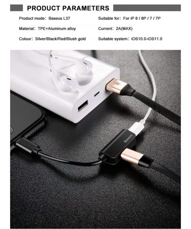 Baseus Lightning Male to Lightning Lightning Female Adapter / Baseus Aux Audio Headphone Adapter For iPhone 12 11 Pro Xs Max Xr X 8 7 Connector Charger Splitter 2 in 1 for Lightning Adapter