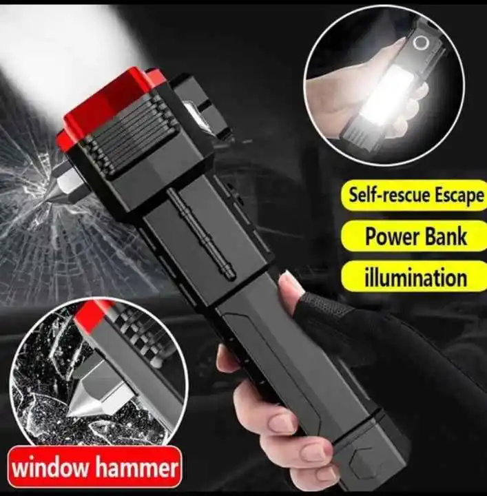 Multifunction 8in1 Portable Led Flashlight Rechargeable LED Torch Flashlight | Car Emergency Tool with Window Breaker Hammer | Cutter | Flashlight Household Rechargeable Ultra Strong Outdoor Bright Led Flashlight