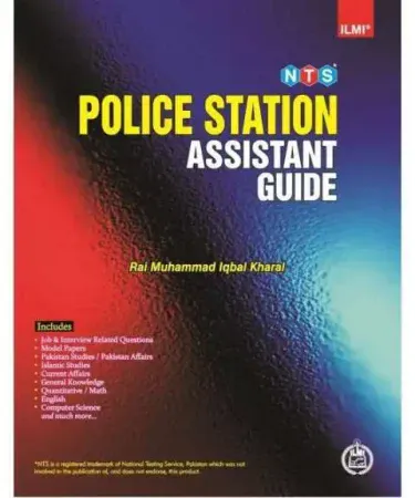 NTS Police Station Assistant Guide book cover by Naveed Traders in English for 2024 exam preparation, featuring a blue and white design with essential exam details.