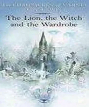 Book cover of The Chronicles of Narnia 2: The Lion, The Witch and the Wardrobe by C.S. Lewis, featuring Aslan, the White Witch, and the Pevensie children in a snowy Narnian landscape.