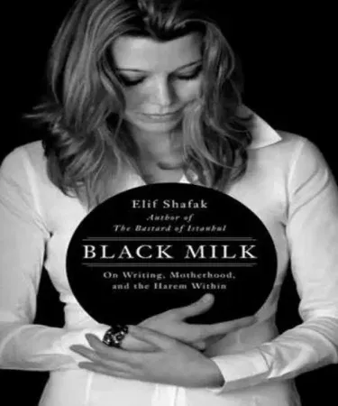 Black Milk by Elif Shafak book cover showing a woman surrounded by thought bubbles, exploring themes of motherhood, writing, and postpartum depression, available in Pakistan via Khareedo.