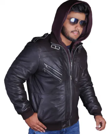 Genuine Black Brown Leather Windproof Bomber Fashion Jacket Men for Motorcycle Biker with Removable Hood