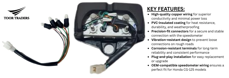 Upgrade your ride with high-quality Honda CG-125 speedometer wiring and connectors. Built with pure copper wires and PVC insulation, they offer high conductivity, heat resistance, and corrosion protection. The plug-and-play design ensures quick, hassle-free installation for accurate speedometer, odometer, tachometer, and indicator light function. Perfect for repairs, replacements, and maintenance, this durable wiring harness delivers stable power and precise readings for your CG-125.