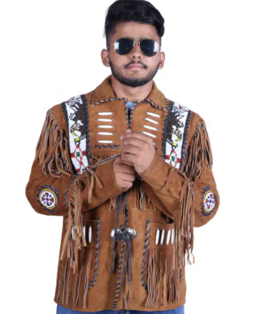 Handmade Genuine Suede Fringe Western Style Leather Jacket Men - Native American Beaded Coat