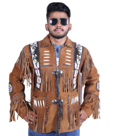 Handmade Genuine Suede Fringe Western Style Leather Jacket Men - Native American Beaded Coat