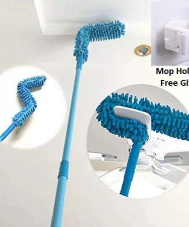 Flexible microfiber duster with telescopic stainless steel handle, ideal for fan, car, and home cleaning, includes a free mop holder.