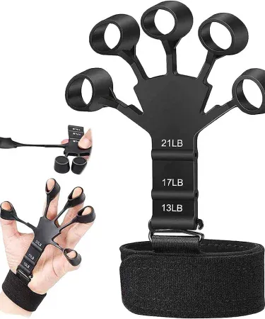 Premium silicone finger gripper exerciser with 6 resistance levels (13-21LB) for hand strengthening, guitar practice, and recovery. Available in black and grey, shown with ergonomic design for rehabilitation and dexterity training.