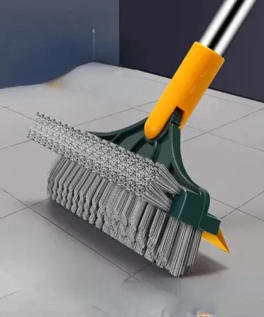 Upgraded 3-in-1 Bathroom Cleaning Brush with Long Handle and Wiper, featuring V-shaped bristles and 180° rotating head for deep cleaning tiles, floors, and grout in Pakistan.