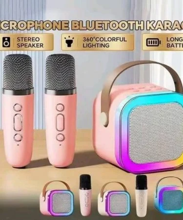 Portable Bluetooth Wireless Speaker with LED lights and two microphones, available in Beige, Pink, Blue. Features fast charging, long battery life, and Bluetooth 5.3 connectivity.