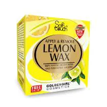 Lemon Wax 125mg cold hair removal cream jar with lemon fruit, cloth strips, and after wax lotion sachet for smooth, bright skin.