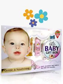Soft Touch Baby Gift Box Large 8 Items, featuring baby oil, lotion, powder, soap, shampoo, bath, cologne, and zinc castor oil lotion. Essential baby care kit for new moms available on Khareedo|Kharedo.