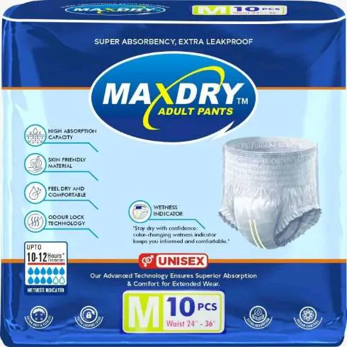 Maxdry Adult Pants Medium Size 10 Pcs (Unisex) Upto 12 Hours Protection packaging and product detail.
