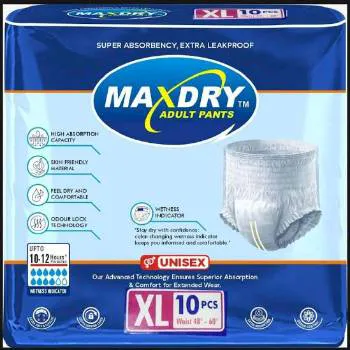 Maxdry Adult Pants Size XL Unisex, offering up to 12 hours of protection against incontinence with advanced absorbent technology, elastic waistband, and leg cuffs for a secure, comfortable fit. Packaging shows a stack of 10 pull-up style adult diapers.