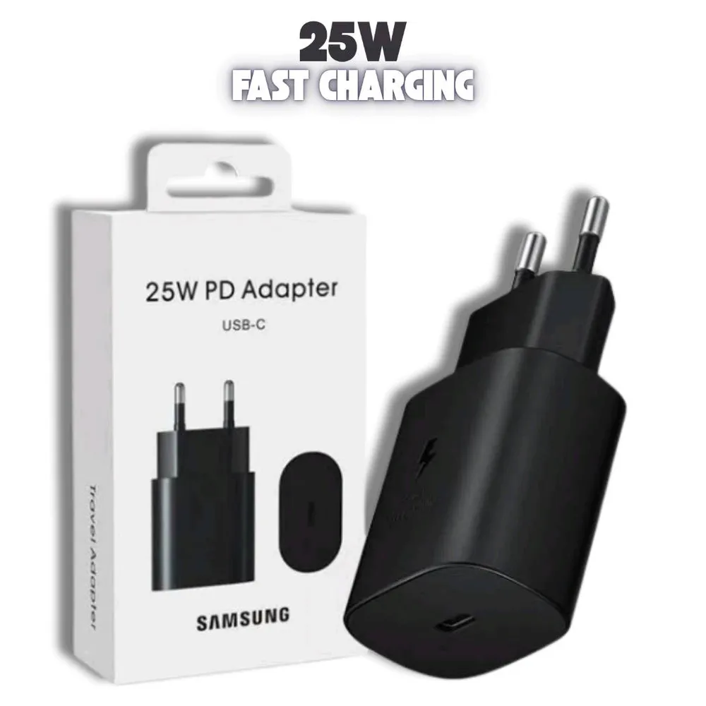 Original Samsung 25W Super-Fast Type-C Charger with 1m USB-C Cable for Galaxy S21, A72, A55, and other compatible devices, featuring PD 3.0 technology.