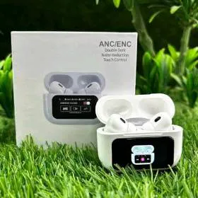 ** A9 Pro wireless TWS Earbuds with touch-screen LCD charging case, featuring Active Noise Cancellation (ANC), Environmental Noise Cancellation (ENC) for calls, and Bluetooth 5.4 technology. The image shows the sleek black earbuds placed inside their innovative display case, highlighting the digital screen and ergonomic design, suitable for audiophiles seeking premium sound and smart controls.