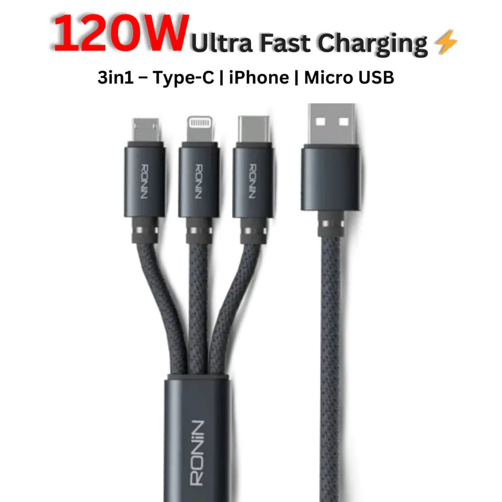 Ronin R-2015 3in1 120W Super Fast Charging Cable with Type-C, iPhone Lightning, and Micro USB connectors, featuring a durable black nylon braided design.
