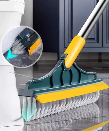 Floor Scrub Brush 2 In 1 Cleaning Brush Long Handle Removable Wiper Magic Broom Squeegee Tile Kitchen Cleaning Tool in white and blue, featuring stiff bristles for scrubbing and a flexible squeegee for wiping water, designed for efficient floor, tile, and kitchen cleaning.