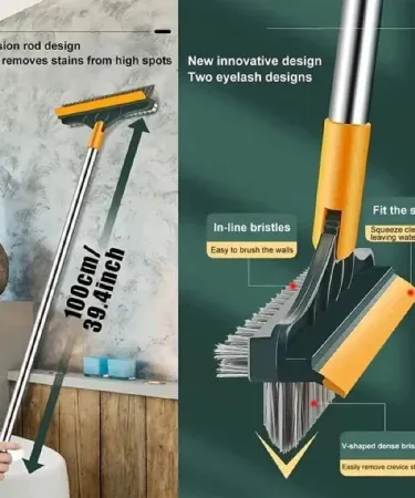 Upgraded 3-in-1 Bathroom Cleaning Brush with Long Handle and Wiper, featuring V-shaped bristles and 180° rotating head for deep cleaning tiles, floors, and grout in Pakistan.