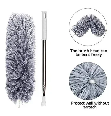 Extendable Microfiber Duster with 100-inch long telescopic pole and bendable grey head, perfect for cleaning high ceiling fans and car interiors.