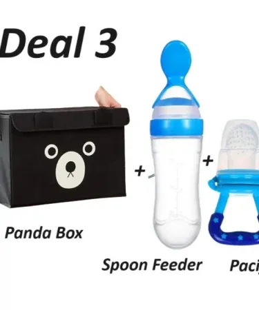 Pack of 3 Baby Silicone Squeeze Spoon Feeder and Fruit Pacifier set with cute panda design and a folding storage bag, displayed highlighting the food-grade silicone and PP spoon materials for safe and easy baby feeding.