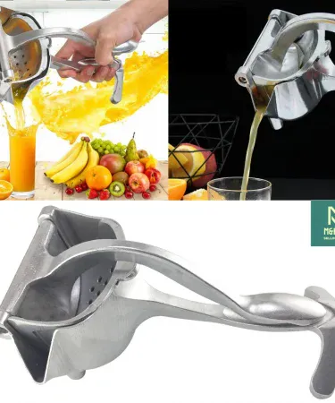 Silver Heavy Duty Manual Fruit Press Juicer made of Aluminum Alloy for Oranges, Lemons, Watermelons, Pomegranates, with comfortable handle and sturdy build