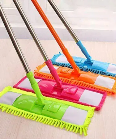 Microfiber Flat Mop Wet & Dry Floor Cleaner with Adjustable Plastic Rod and Machine Washable Head for Tile, Hardwood, and Laminate Floors. Home Cleaning Supply from Khareedo Pakistan.