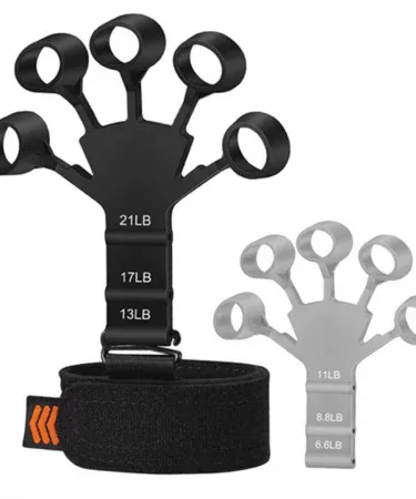 Premium silicone finger gripper exerciser with 6 resistance levels (13-21LB) for hand strengthening, guitar practice, and recovery. Available in black and grey, shown with ergonomic design for rehabilitation and dexterity training.
