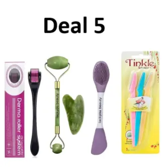 5-in-1 Skincare Kit featuring Derma Roller with 3 heads, Jade Roller, Guasha, 4-in-1 Silicone Face Brush, and 3-in-1 Eyebrow Razor for anti-aging and beauty