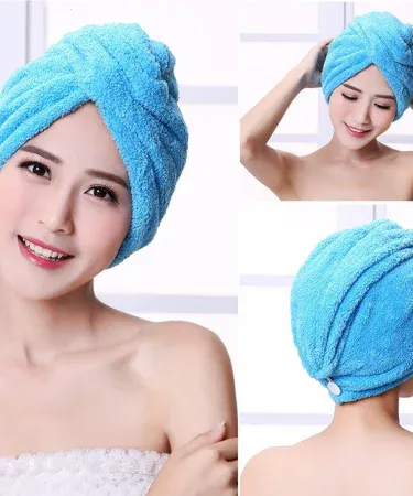 Multi-colors Best Quality Hair Dryer Cap Towel for Women with button loop and square style, soft quick-dry hair wrap towel.