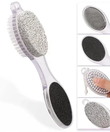 ** 4-in-1 multi-use pedicure paddle brush with pumice stone, metal file, emery board, and cleaning brush for comprehensive foot care, ideal for removing calluses and exfoliating dead skin.