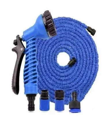 ** Blue 50ft expandable hose water pipe with 7-function spray nozzle for garden watering and car washing. Features include twist-free, tangle-free, and kink-free design with quick release connectors, available on Khareedo/Kharedo Pakistan for home delivery.