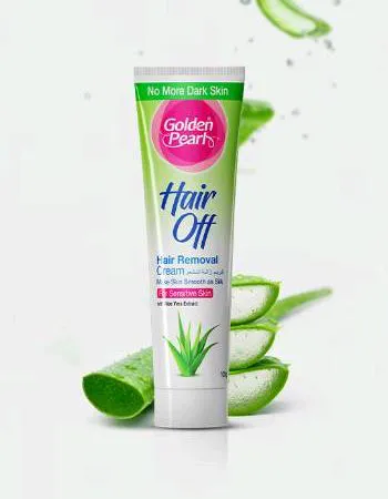 Hello Hair Removal Cream Aloe Vera 50grm tube with green aloe leaf illustration, highlighting its soothing properties for gentle and effective hair removal. Shop now at Khareedo and Kharedo Pakistan for smooth skin.