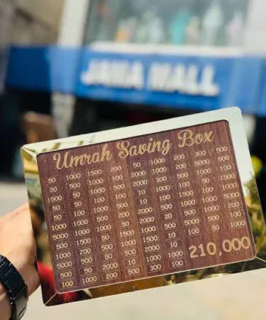 Premium Wooden Umrah Saving Box with 280-day savings tracker, Islamic money jar for Hajj & Umrah pilgrimage, secure lockable design, eco-friendly wood