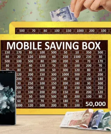 ** Lifestyle Glory 50,000 PKR Target Mobile Saving Box for Kids & Adults, Brown Wooden Money Box with Daily Money Saving Chart for smartphones and gadgets, featuring acrylic mirror finish.
