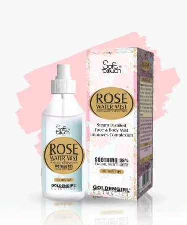 Soft Touch Rose Water 120ml pump bottle with fresh rose petals for natural skin hydration, toning, and glow.