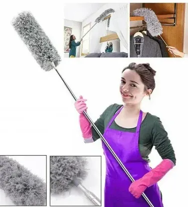 Extendable Microfiber Duster with 100-inch long telescopic pole and bendable grey head, perfect for cleaning high ceiling fans and car interiors.