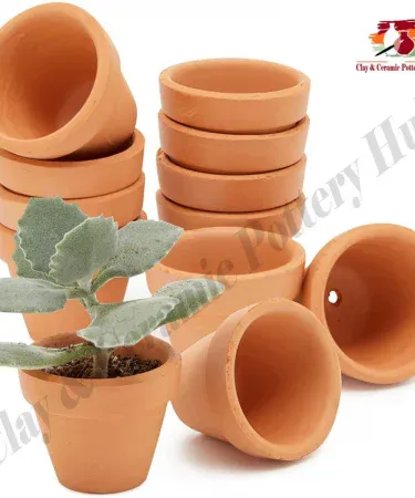 Four mini terracotta pots with drainage holes for plants, succulents, and cacti. Natural clay finish, ideal for indoor and outdoor decoration, available on Khareedo/Kharedo.