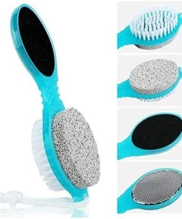 ** 4-in-1 multi-use pedicure paddle brush with pumice stone, metal file, emery board, and cleaning brush for comprehensive foot care, ideal for removing calluses and exfoliating dead skin.