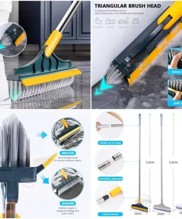 Floor Scrub Brush 2 In 1 Cleaning Brush Long Handle Removable Wiper Magic Broom Squeegee Tile Kitchen Cleaning Tool in white and blue, featuring stiff bristles for scrubbing and a flexible squeegee for wiping water, designed for efficient floor, tile, and kitchen cleaning.