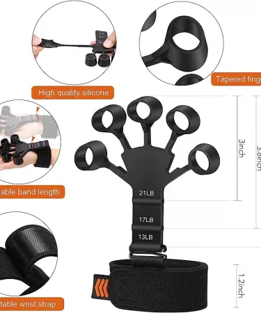 Black silicone Finger Gripper Hand Exerciser with multiple resistance levels for guitarists, hand strength training, and rehabilitation recovery