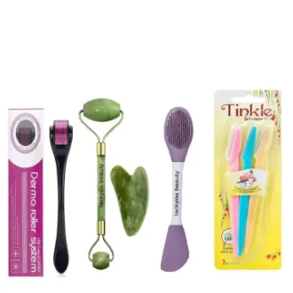 5-in-1 Skincare Kit featuring Derma Roller with 3 heads, Jade Roller, Guasha, 4-in-1 Silicone Face Brush, and 3-in-1 Eyebrow Razor for anti-aging and beauty