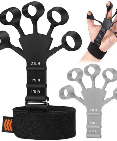 Black silicone Finger Gripper Hand Exerciser with multiple resistance levels for guitarists, hand strength training, and rehabilitation recovery