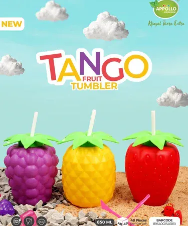 Tango Fruit Tumbler 850ml - Reusable BPA-Free Fruit-Shaped Drink Cup with Straw & Lid, available in vibrant Grape, Pineapple, or Strawberry designs.